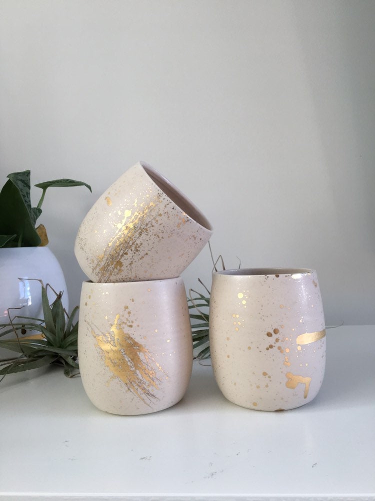 Pepo Ceramics 22k Gold Splatter Wine cup/tumbler- soft pink and gold
